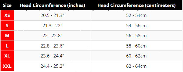 helmet size chart